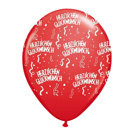 Roter Latexballon mit Schriftzug „Herzlichen Glückwunsch“