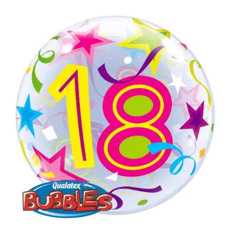 Transparenter Bubbles Ballon mit Zahl 18, Sternen, Konfetti und Luftschlangen