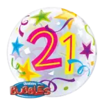Bubbles Ballon – Geburtstagszahl 21 Sterne Konfetti | Transparent
