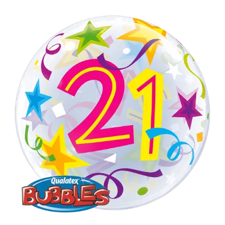 Transparenter Bubbles Ballon mit Zahl 21, Sternen und Konfetti