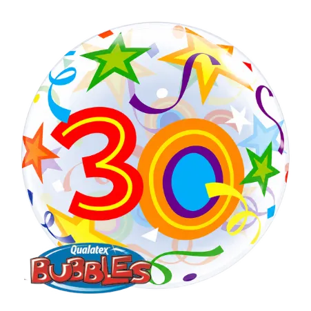 Transparenter Bubbles Ballon mit Zahl 30, Sternen, Konfetti und Luftschlangen