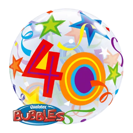 Transparenter Bubbles Ballon mit Zahl 40, Sternen, Konfetti und Luftschlangen