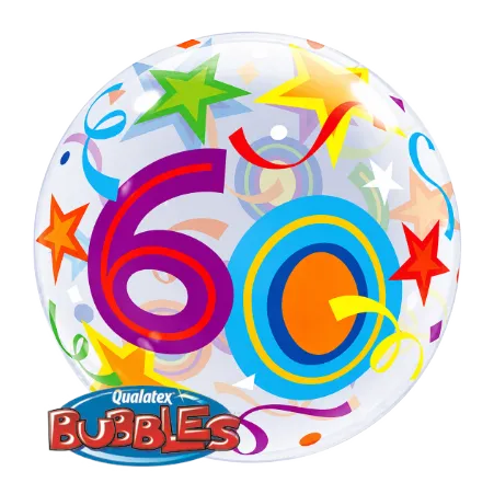 Transparenter Bubbles Ballon mit Zahl 60, Sternen, Konfetti und Luftschlangen