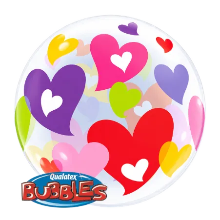 Transparenter Double Bubbles Ballon mit bunten und weißen Herzen