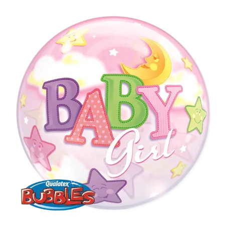 Transparenter Bubbles Ballon mit Baby-Girl-Schriftzug, Mond und Sternen