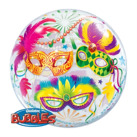 Transparenter Bubbles Ballon mit bunten Masken, Federn und Sternen