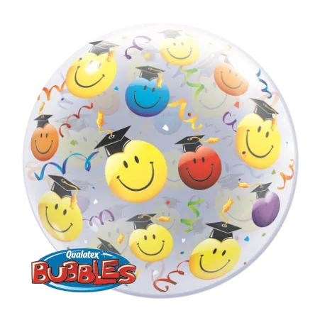 Transparenter Bubbles Ballon mit Smileys, Doktorhüten, Konfetti und Luftschlangen