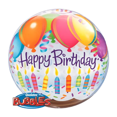 Transparenter Bubbles Ballon mit Happy-Birthday-Schriftzug, Torte und Kerzen