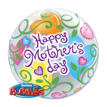 Herzförmiger Bubbles Ballon mit Happy-Mother’s-Day-Schriftzug, Blüte und Blättern