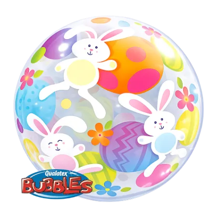 Transparenter Bubbles Ballon mit weißen Hasen, bunten Ostereiern und Blumen