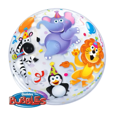 Transparenter Bubbles Ballon mit bunten Party-Tieren, Ballons und Konfetti