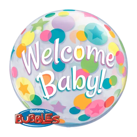 Transparenter Bubbles Ballon mit Welcome-Baby-Schriftzug, Punkten und Sternen