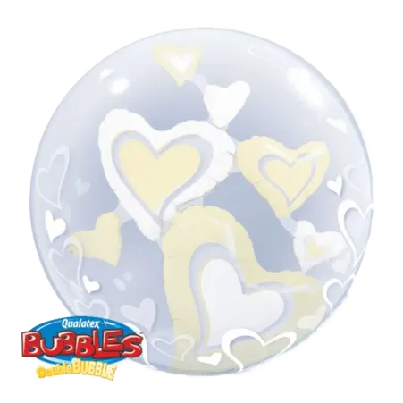 Transparenter Double Bubbles Ballon mit goldfarbenen und weißen Herzen