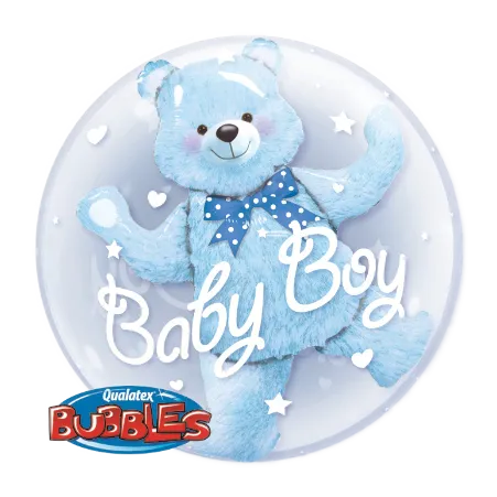 Transparenter Double Bubbles Ballon mit Baby-Boy-Schriftzug und Bärchen