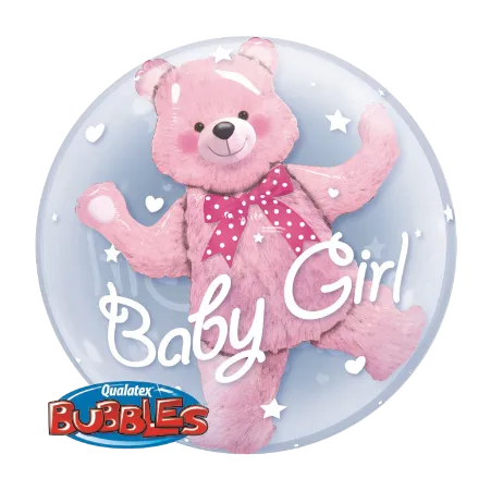 Transparenter Double Bubbles Ballon mit Baby-Girl-Schriftzug und Bärchen