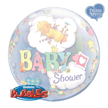 Transparenter Bubbles Ballon mit Baby-Shower-Schriftzug und schlafendem Baby