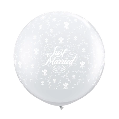 Großer Latexballon mit Just-Married-Schriftzug und floralen Motiven