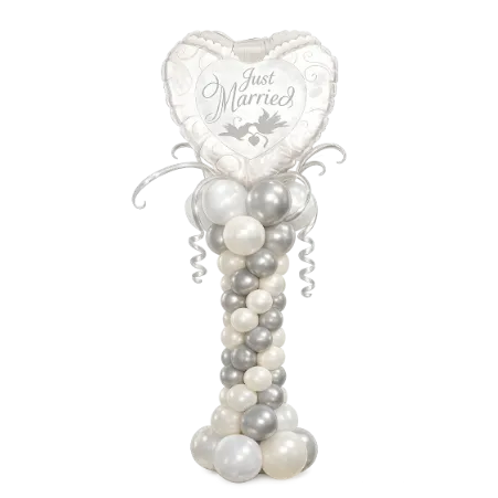 _Ballonsäule Organic-Style Selbststehend – Weiß & Silber | Just Married Herzballon als Topper