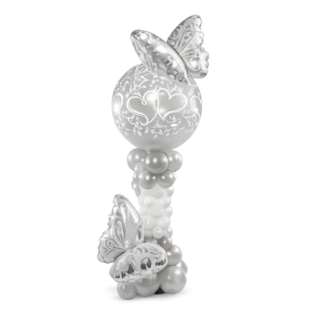 Ballonsäule Organic-Style – Schmetterlinge | Silber & Weiß