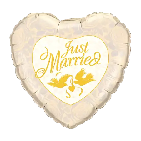 Großer cremefarbener Herz-Folienballon mit Just-Married-Schriftzug, Turteltauben und Rosen