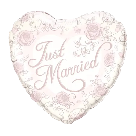 Großer Herz-Folienballon mit Just-Married-Schriftzug und rosa Rosen