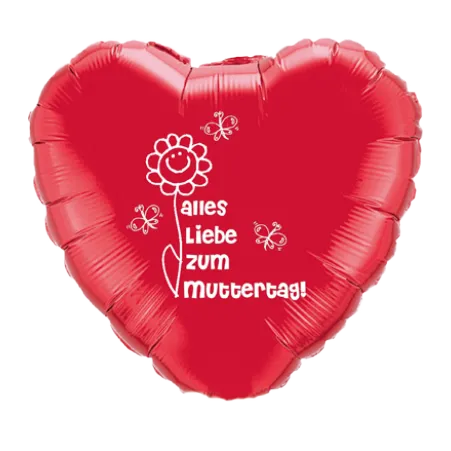 Großer roter Herz-Folienballon mit „Alles Liebe zum Muttertag“, Blumen und Schmetterlingen
