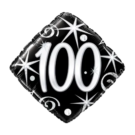 Rautenförmiger Folienballon mit Zahl 100 in Schwarz, Silber und Weiß