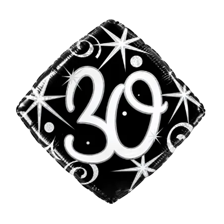 Rautenförmiger Folienballon mit Zahl 30 in Schwarz, Silber und Weiß