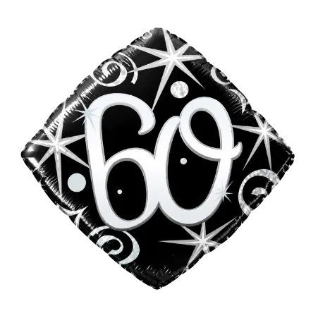 Rautenförmiger Folienballon mit Zahl 60 in Schwarz, Silber und Weiß