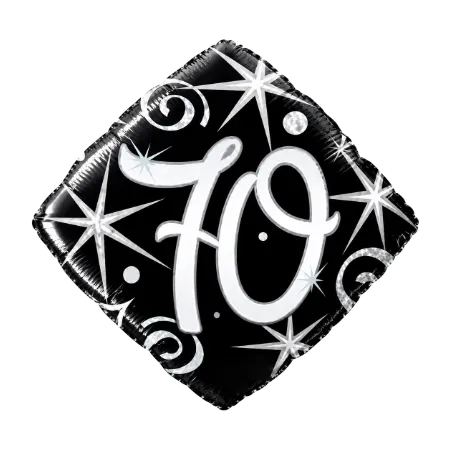 Rautenförmiger Folienballon mit Zahl 70 in Schwarz, Silber und Weiß