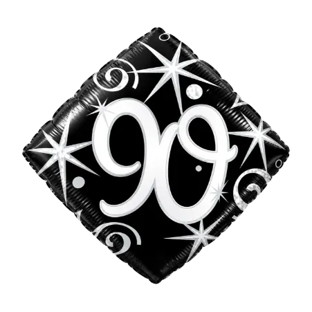 Rautenförmiger Folienballon mit Zahl 90 in Schwarz, Silber und Weiß