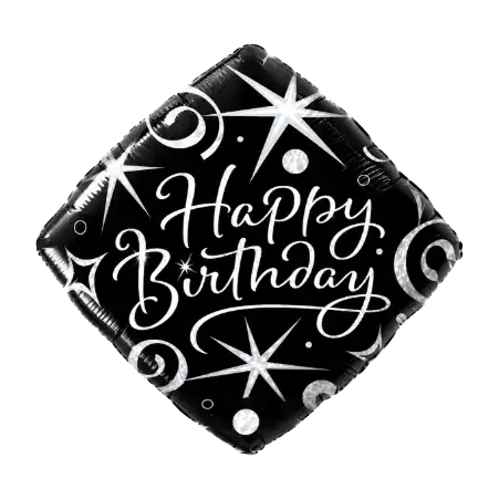 Rautenförmiger Folienballon mit Happy-Birthday-Schriftzug in Schwarz, Silber und Weiß