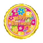 Folienballon Rund – Happy Birthday mit Blumen & Schmetterlingen