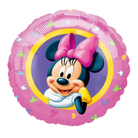 Runder Folienballon mit Minnie Maus auf rosafarbener Motivfläche