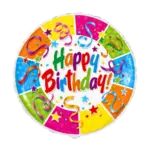 Folienballon Rund – Happy Birthday mit Sternen & Luftschlangen