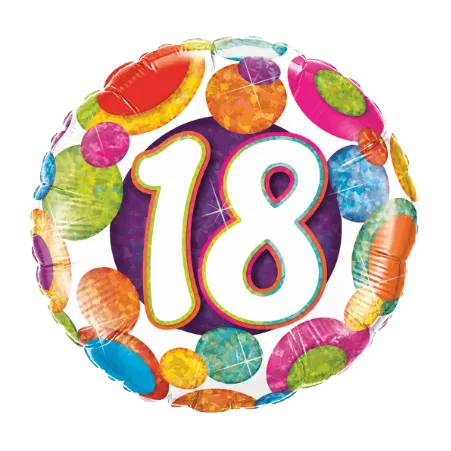 Runder Folienballon mit Zahl 18, bunten Glitzerkreisen und holografischen Akzenten