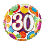 Folienballon Rund – 30. Geburtstag | Holographic mit bunten Glitzerkreisen