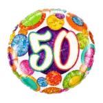Folienballon Rund – 50. Geburtstag | Holographic mit bunten Glitzerkreisen