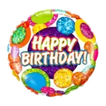 Folienballon Rund – Happy Birthday | Holographic mit bunten Glitzerkreisen