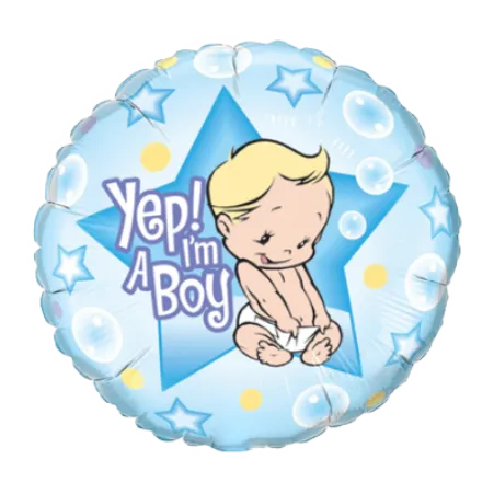 Blau-weißer Rundballon mit Yes-I-am-a-Boy-Schriftzug und Sternmotiv