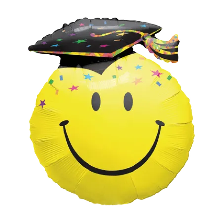 Großer runder Folienballon mit gelbem Smiley und bunten Sternen