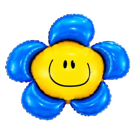 Großer Folienballon als blaue Blume mit gelbem Smiley-Gesicht