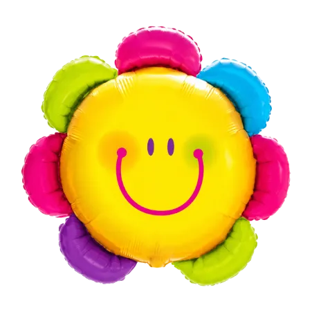 Großer bunter Folienballon in Blumenform mit gelbem Smiley-Gesicht