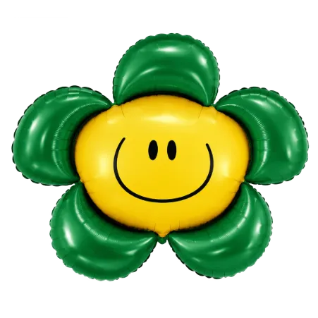 Großer Folienballon als grüne Blume mit gelbem Smiley-Gesicht