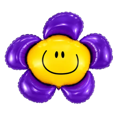 Großer Folienballon als lila Blume mit gelbem Smiley-Gesicht
