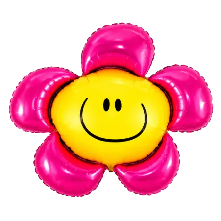 Großer Folienballon als pinke Blume mit gelbem Smiley-Gesicht