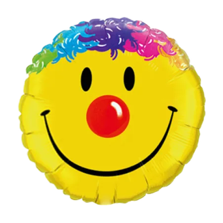 Kleiner runder Folienballon mit buntem Smiley-Gesicht im Clown-Design
