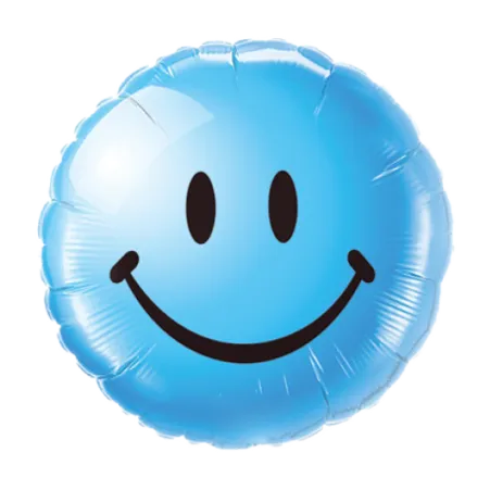 Blauer runder Folienballon mit schwarzem Smiley-Gesicht