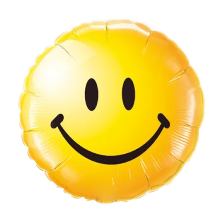 Gelber runder Folienballon mit schwarzem Smiley-Gesicht
