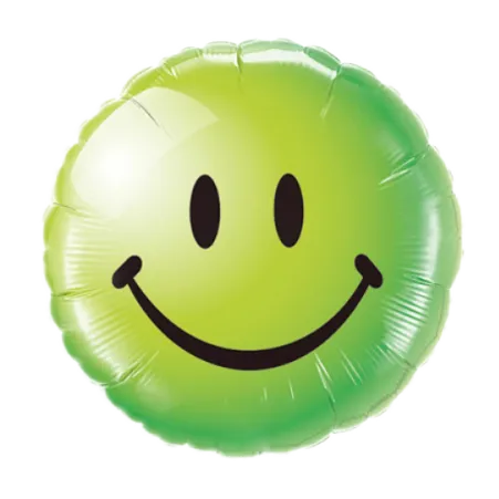 Grüner runder Folienballon mit schwarzem Smiley-Gesicht
